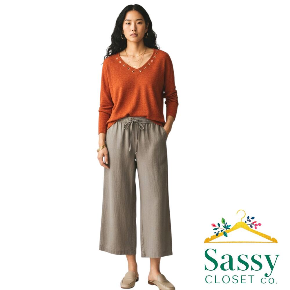 SPLENDID Brown Linen Blend Wide Leg Crop Pants XXL Drawstring Culottes EUC